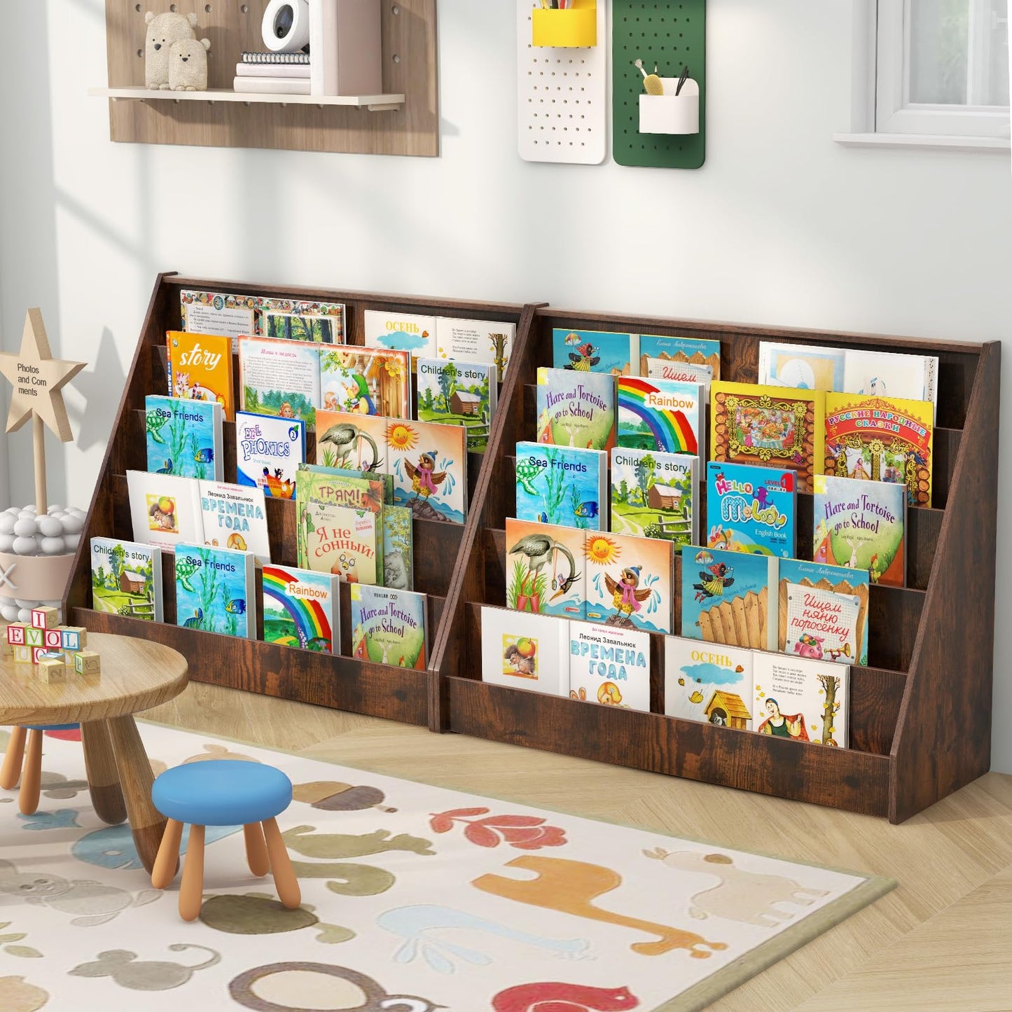 COSTWAY Wooden Kids Bookshelf, 5 Tier Children Bookcase with Deep Compartments, Back Storage Space, Front-Facing Books Display Rack for Playroom, Daycare, Kid’ Room (Rustic Brown)