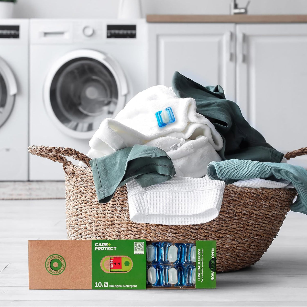 Care+Protect Premium Laundry Detergent Capsules - High-Performance Biological Formula - Deep Clean - Softens and Removes Bacteria - 10x Eco-Friendly - Pre-Measured Capsules