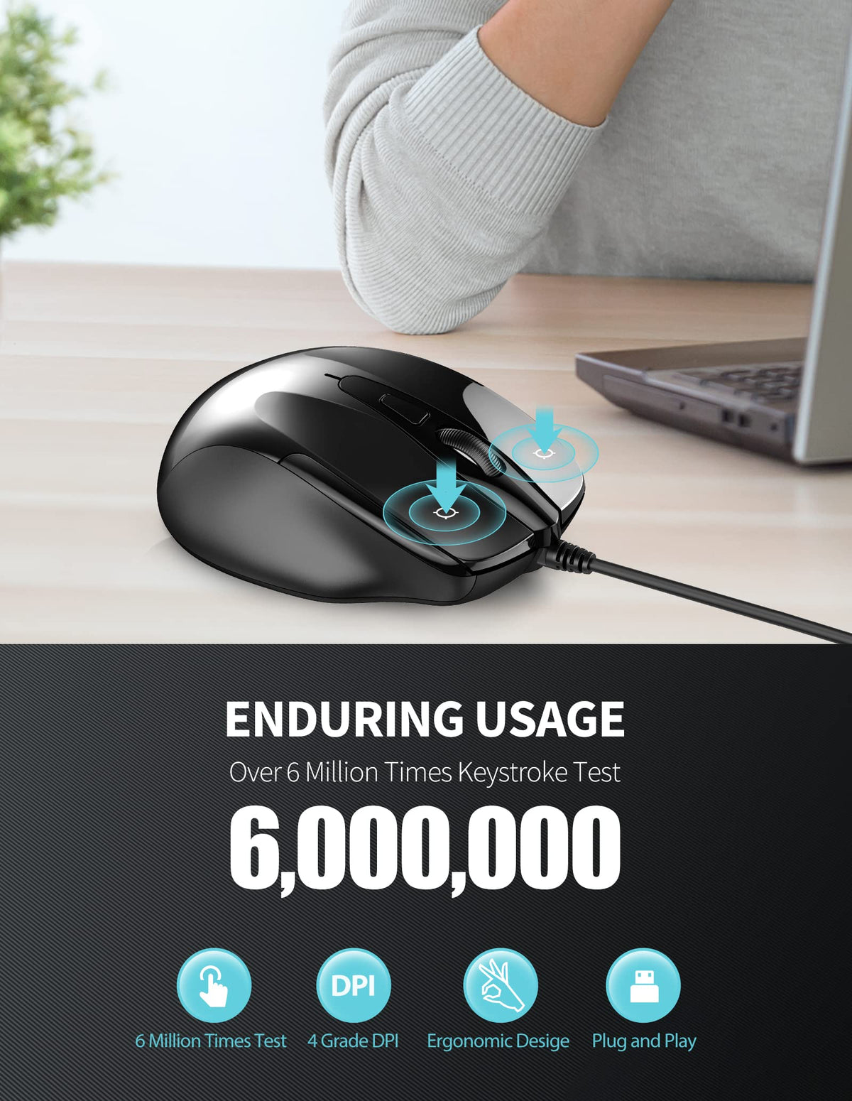 TECKNET USB Wired Mouse, 6400 DPI Mice 4 Adjustable DPI with 6-Button Corded, Optical Computer Mouse with Ergonomic Design for Laptop, Chromebook, PC, Desktop, Mac, Notebook