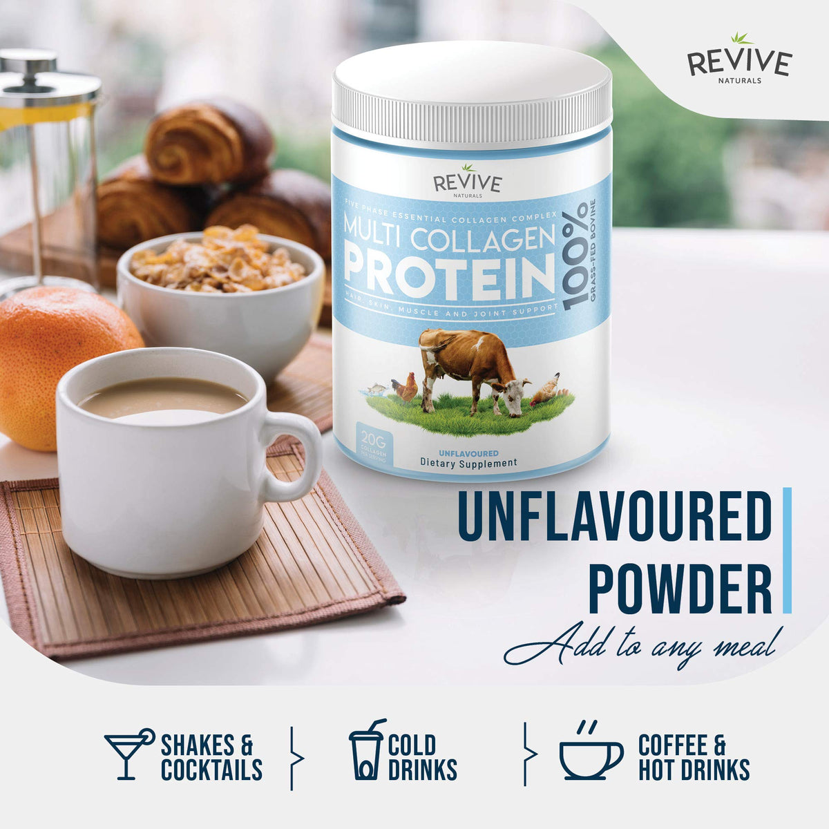 Multi Collagen Protein Powder 400g - Types I, II, III, V & X - Hydrolyzed Grass Fed Bovine, Wild Caught Fish, & Free-Range Chicken & Eggshell Collagen by Revive Naturals