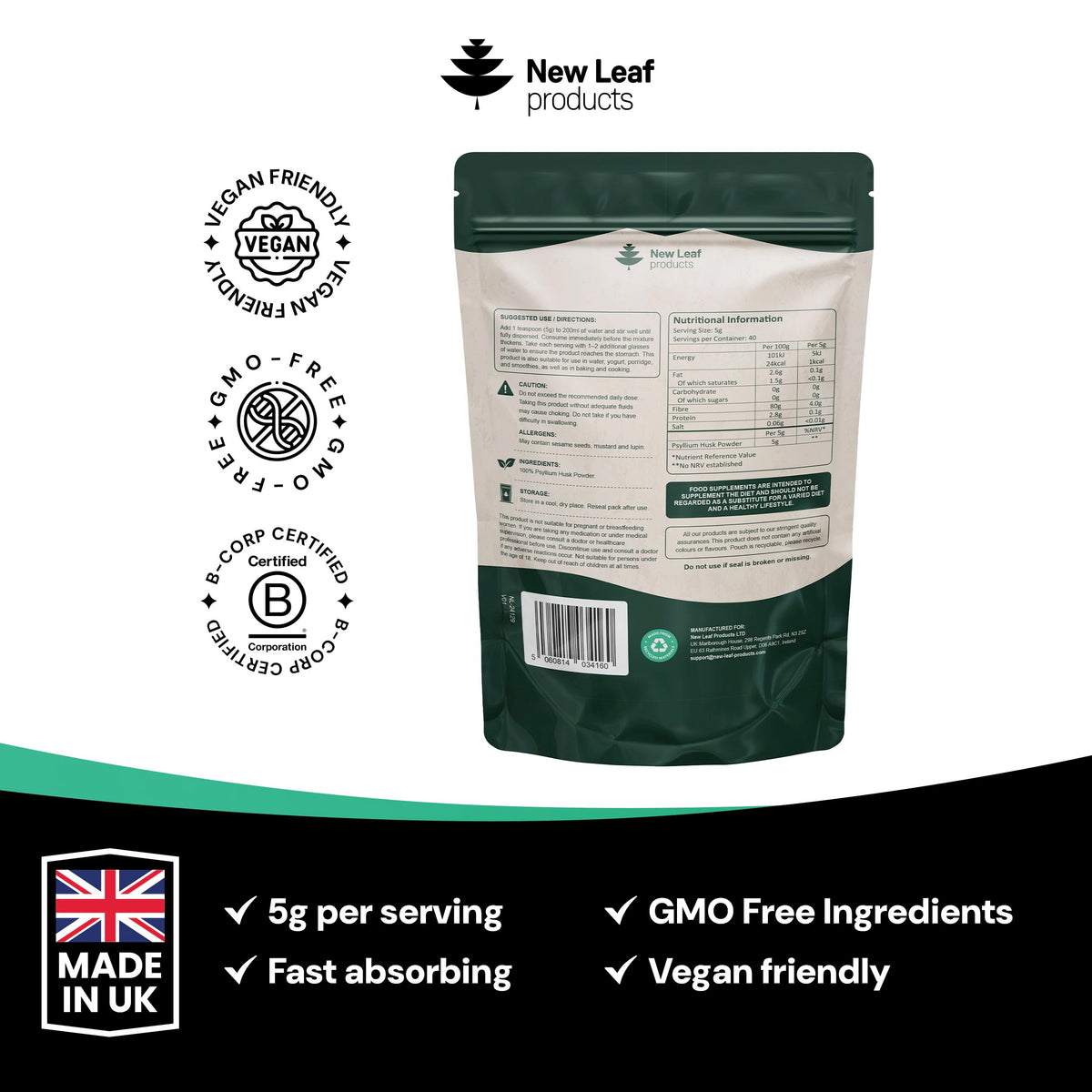 New Leaf Psyllium Husk 4000mg Fibre Supplement 120 Capsules