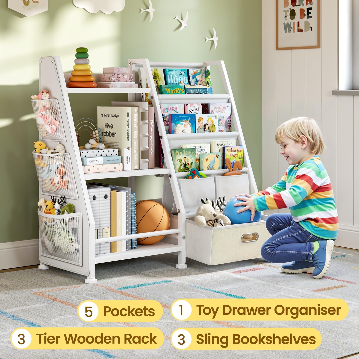 GoTiling Kids Bookshelf and Toy Storage Organizer: 3-Tier Sling Book Shelf with 3 Side Pockets for Kids Room - Toy Storage Organizer with 2 Fabric Drawers for Nursery, Bedroom, Playroom
