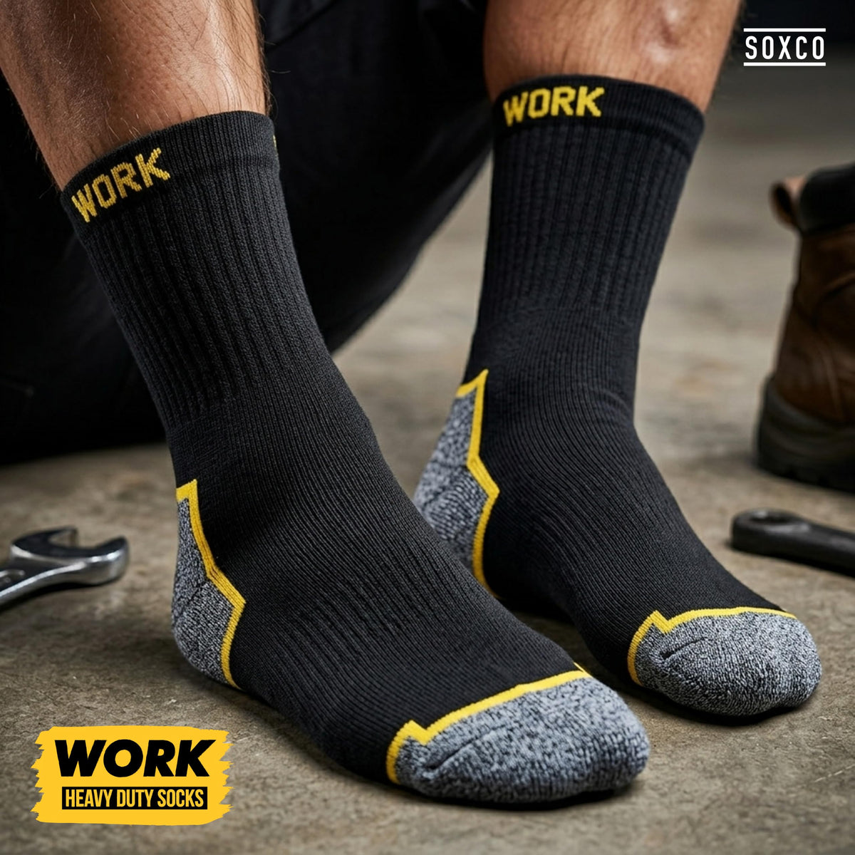 SOXCO 10 Pairs Men’s Work Socks, Black Crew Length | DRI-WIK Moisture Management Technology | Super Soft Cushioned Footbed | Reinforced Heel & Toe | Dura-Stretch Elastane | Pack of 6 or 10 Pairs