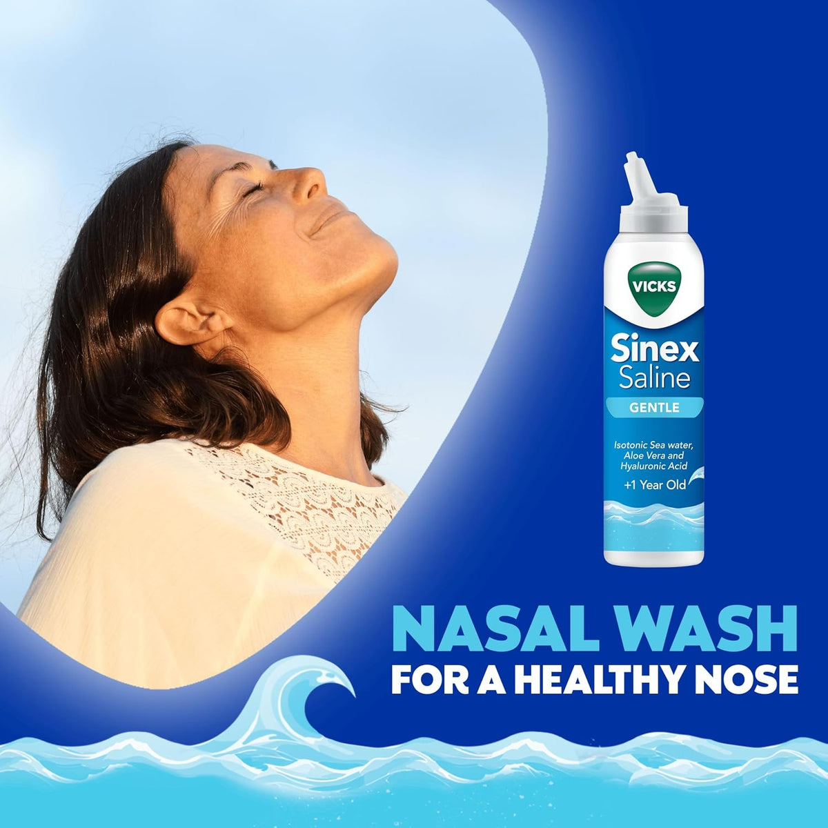 Vicks Sinex Gentle Saline Nasal Spray, 120ml - 3-in-1 Action: Cleans, Removes Mucus & Helps to Moisturize and Hydrate, with Isotonic Sea Water, Aloe Vera and Hyaluronic Acid – Suitable from 1 Year+