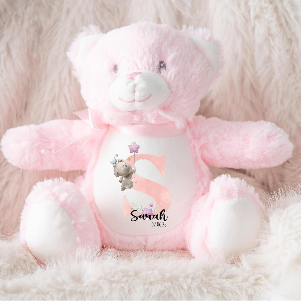 Crafted Memories - Personalised Teddy | Velveteen Bunny Soft Toy | Customisable Name for Newborns | Keepsake for Boys & Girls | Baby Shower Item | Pink Initial | Grey or White, 20-23cm