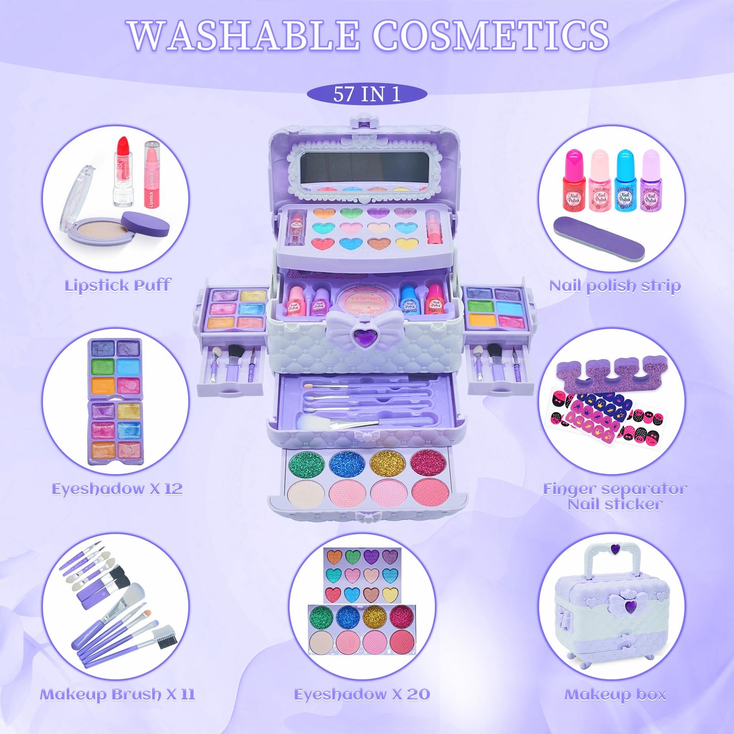Kids Makeup Sets for Girls - Safe and Washable Kids Makeup, Real Make Up Set for Girls Children Toddler, Little Girl Play Games Toys Presents, Princess Birthday Gifts for 4-12 Year Old(Light Purple)