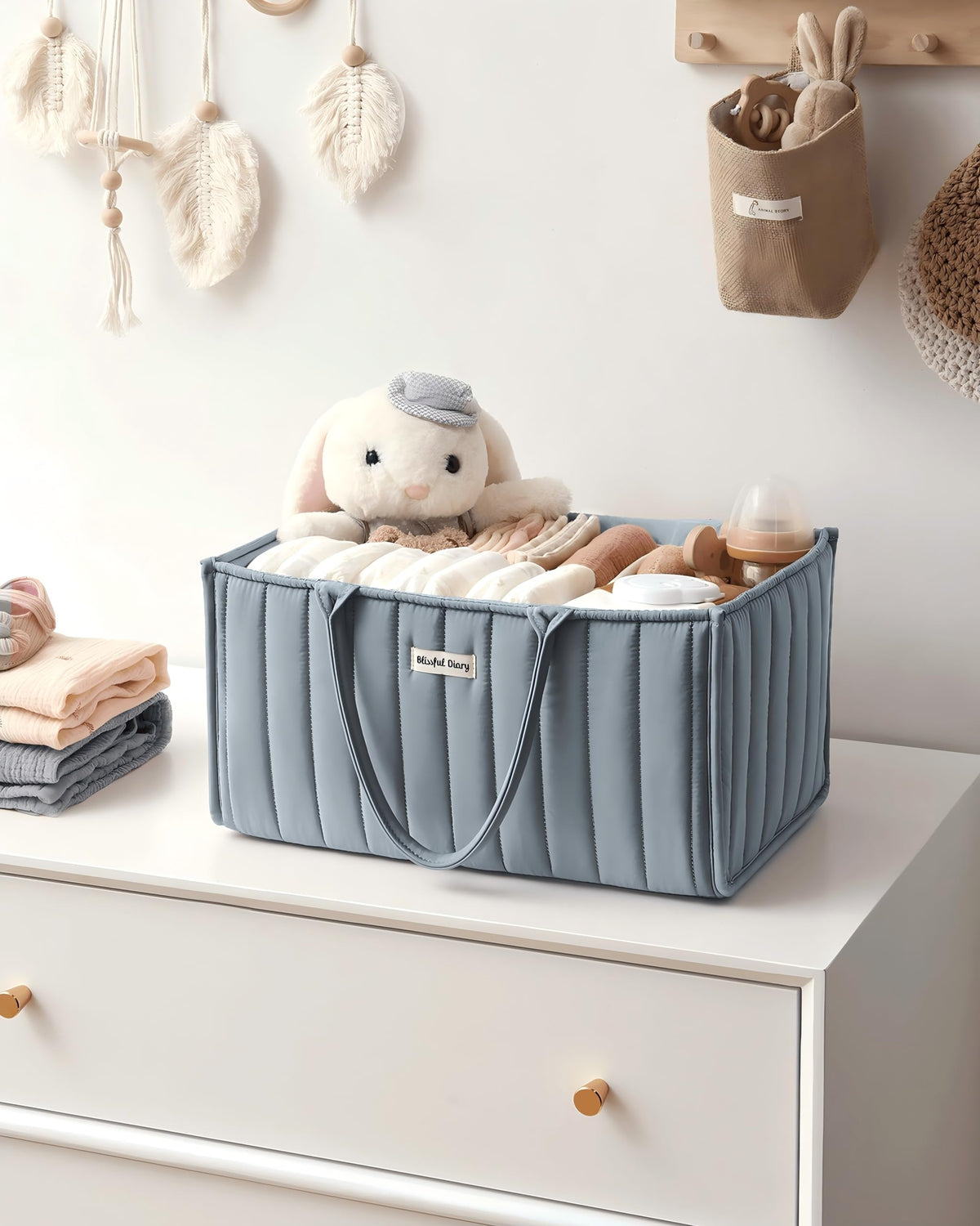 Blissful Diary Nappy Caddy Organiser, Baby Diaper Caddy for Nappy Station, Stylish Storage Basket for Newborn Essentials, Baby Shower Gifts for Girl or Boy, Woodland Cream
