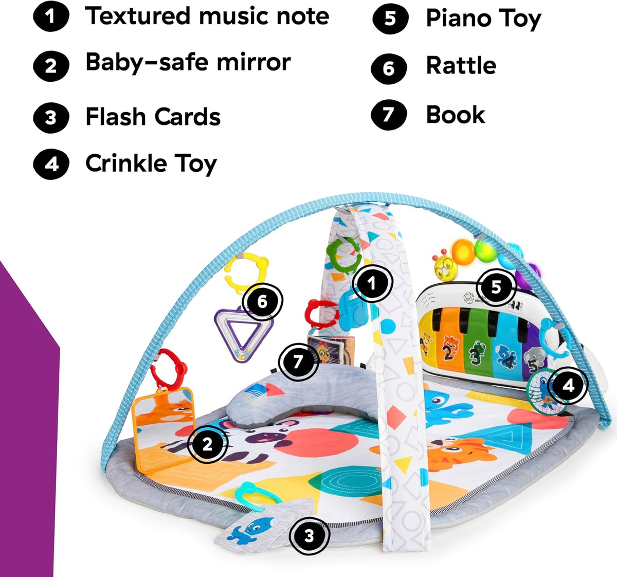 Baby Einstein 4-in-1 Kickin Tunes Play Gym, Tummy Time Baby Play Mat with Kick Piano, Music & Language Discovery, Sensory Toys, Lights & Sounds, for Newborns & Up