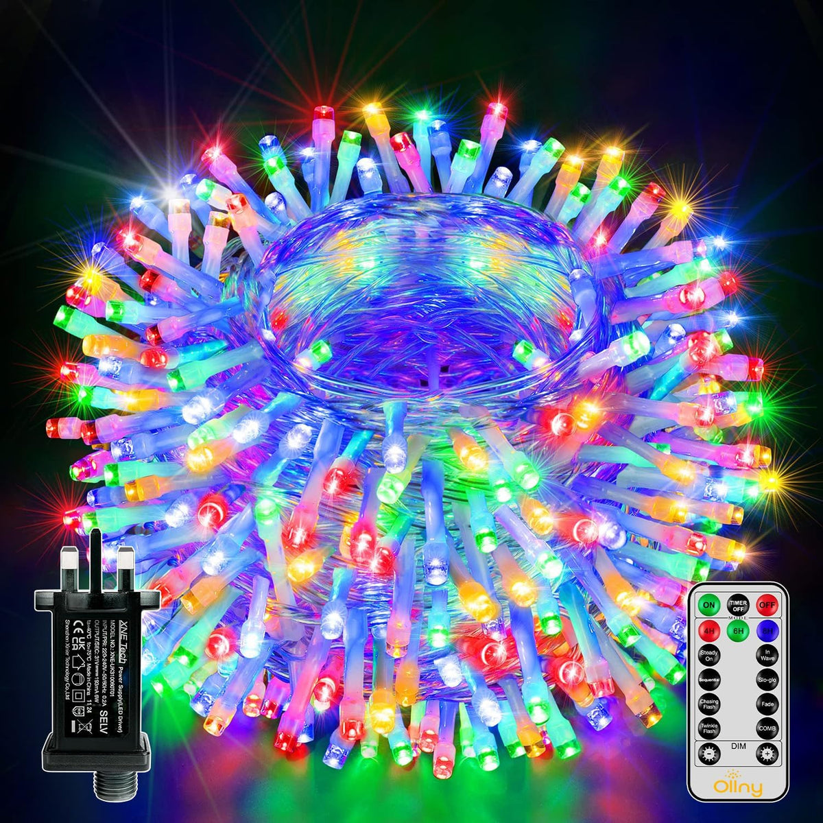 Ollny Fairy Lights Mains Powered 20m 200 LED Outdoor String Plug Remote
