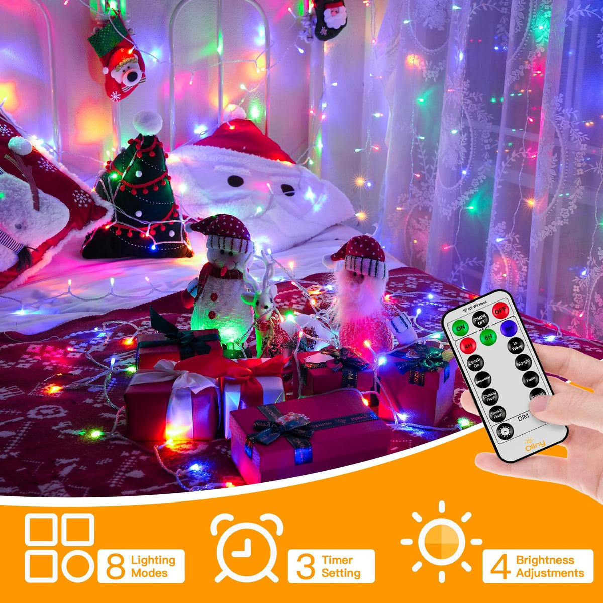 Ollny Fairy Lights Mains Powered 20m 200 LED Outdoor String Plug Remote