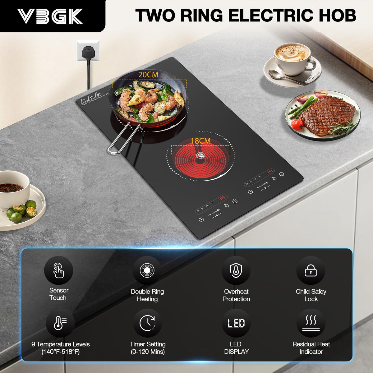 VBGK 2 Ring Electric Hob with Knob, 220V 3000W Double Ceramic Hob, 9 Power Levels, Kids Lock & Timer, Hot Surface Indicator, Overheat Protection, Knob and Touch Control Double Electric Hob