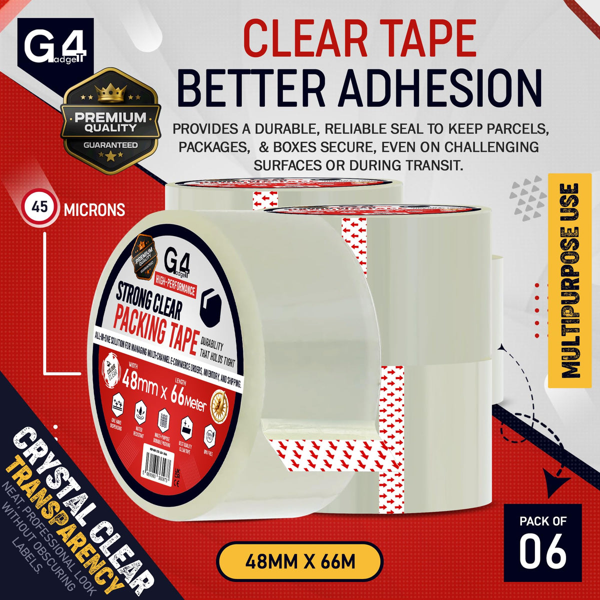 G4GADGET Pack of 3 Clear Packing Tape - Heavy Duty Transparent Tape 48mm x 66m - Ideal for Moving, Packing Boxes, and Secure Packaging