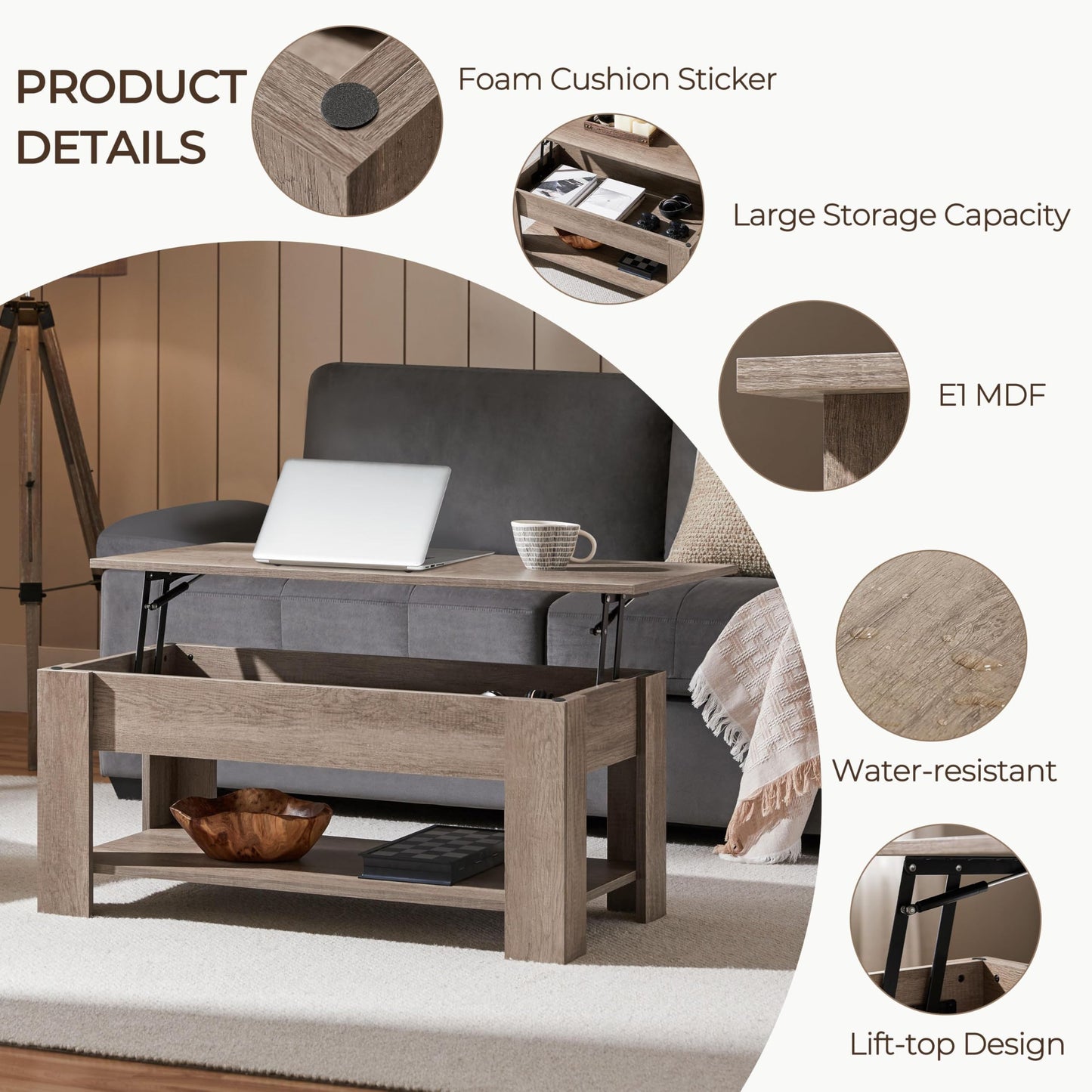 Yaheetech Lift Up Coffee Table, Wooden Lifting Coffee Table with Hidden Storage Drawer and Open Shelf, Space-saving Tea Tables for Living Room/Reception, Espresso