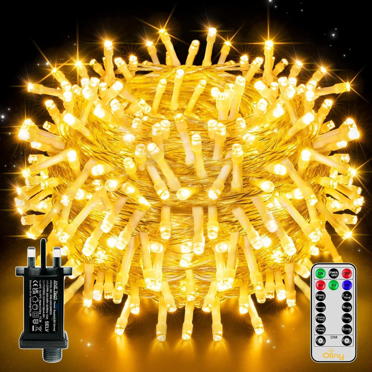 Ollny Fairy Lights Mains Powered 20m 200 LED Outdoor String Plug Remote