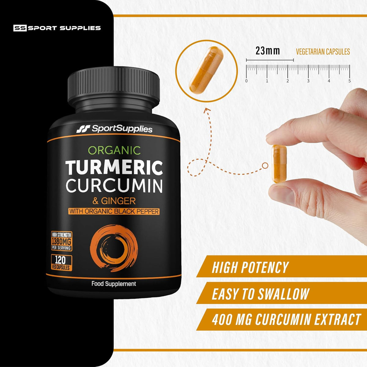 Organic Turmeric Capsules High Strength and Black Pepper with Active Curcumin with Ginger 1380mg - Advanced Tumeric - Each 120 Veg Capsule is Organic (2 Capsules per Serving)