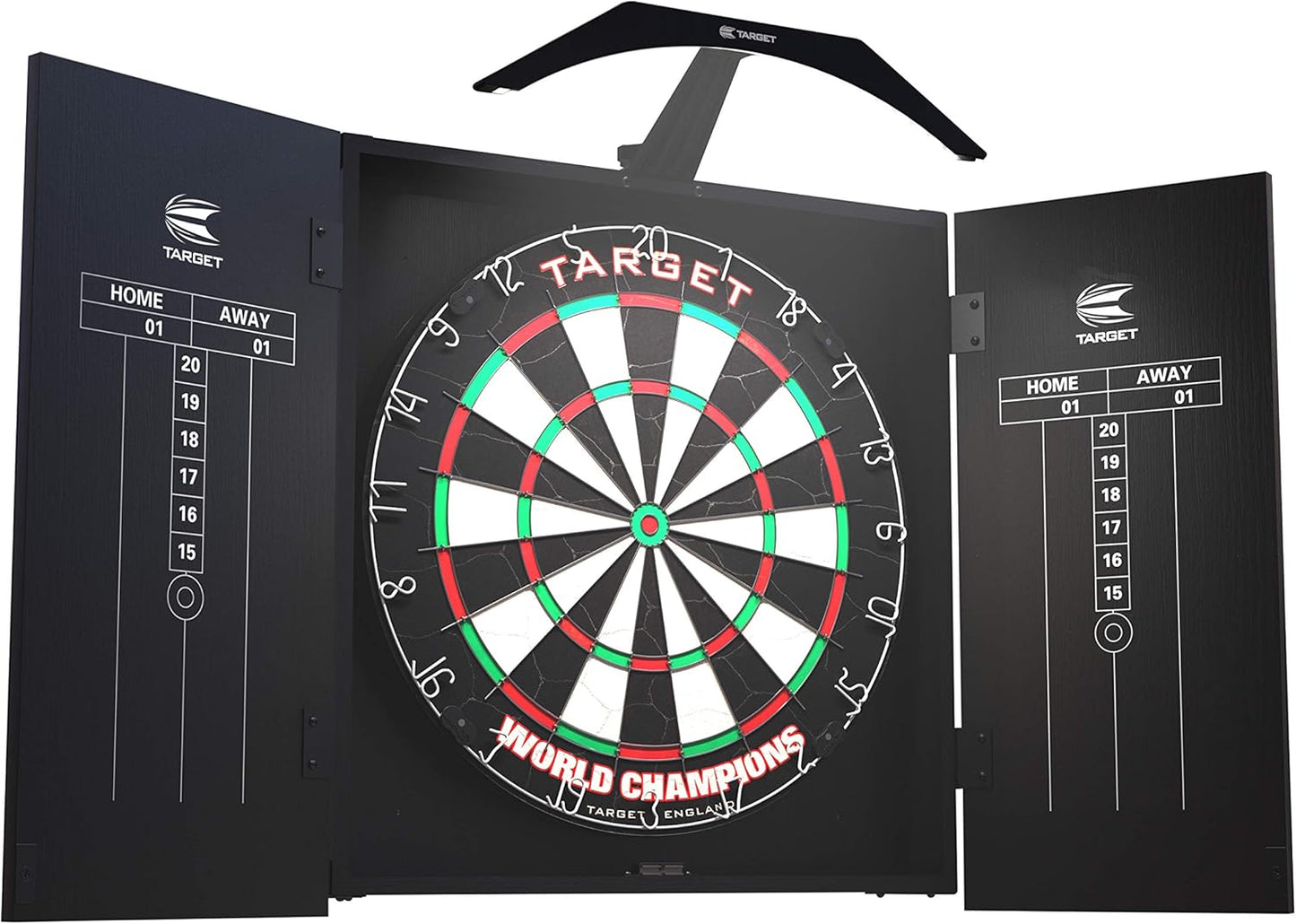 Target Darts Arc Dartboard Lighting System Home Cabinet Set - Includes World Champions Dartboard and 2 Sets of Darts, Black