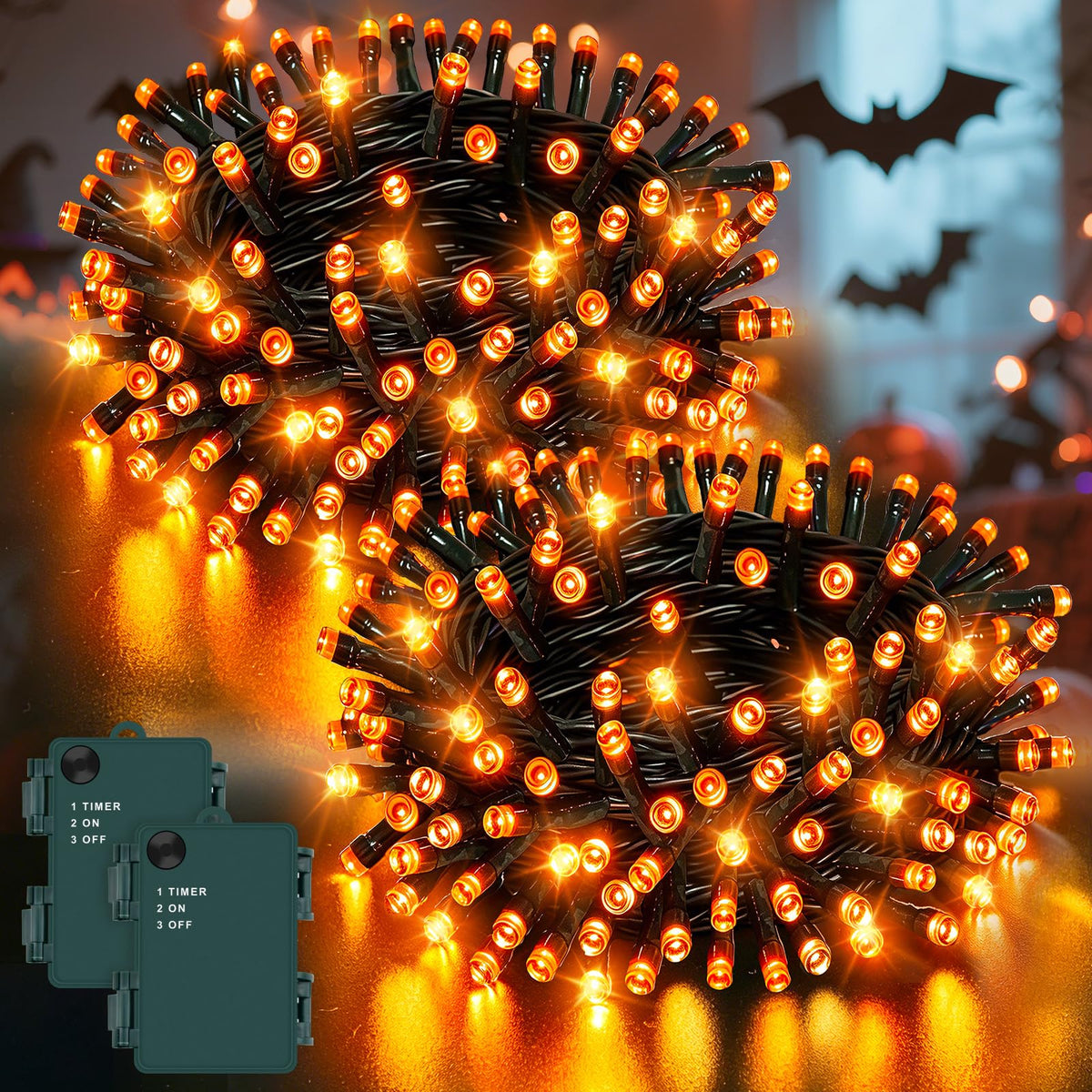 Dalugo Halloween Decoration Lights, 5M 50 LED Orange Purple White Fairy Lights with Timer, IP65 Waterproof Battery Powered Lights for Indoor Outdoor Autumn Halloween Decorations(Green Wire)