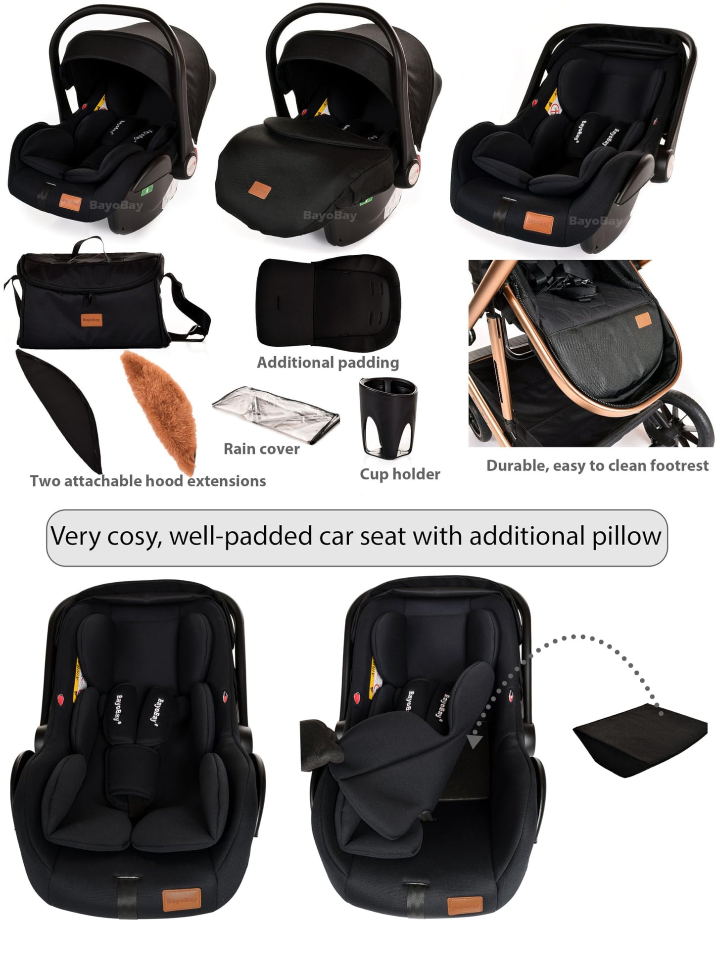 3 in 1 Baby Pram Travel System with Car Seat Lightweight Buggy Foldable Pushchair for Newborn and Toddlers up to 22kg NEW 2025 Style (Black - Gold)