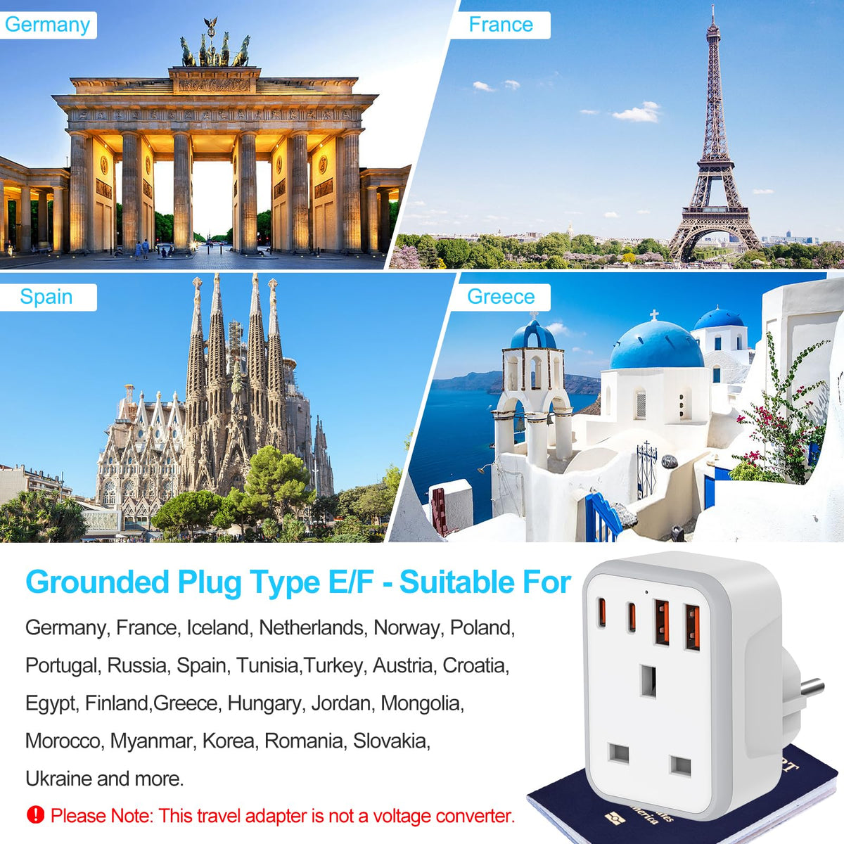 UK to European Travel Plug Adapter Fast Charge PD 20W USB-C QC 3.0