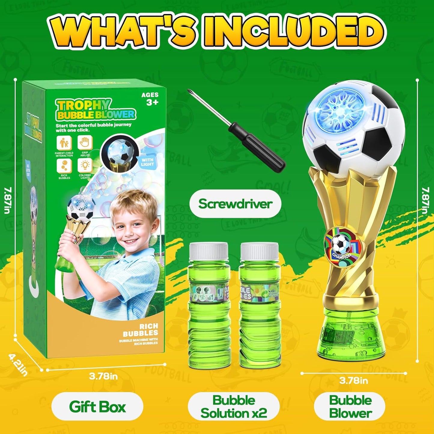Football Bubble Machine for Kids, Bubble Maker Light Up Automatic Bubble Blower with 2 ×115ml Bubble Solution, Outdoor Indoor Party Garden Wedding Bubble Blaster Gifts for Boys Girls