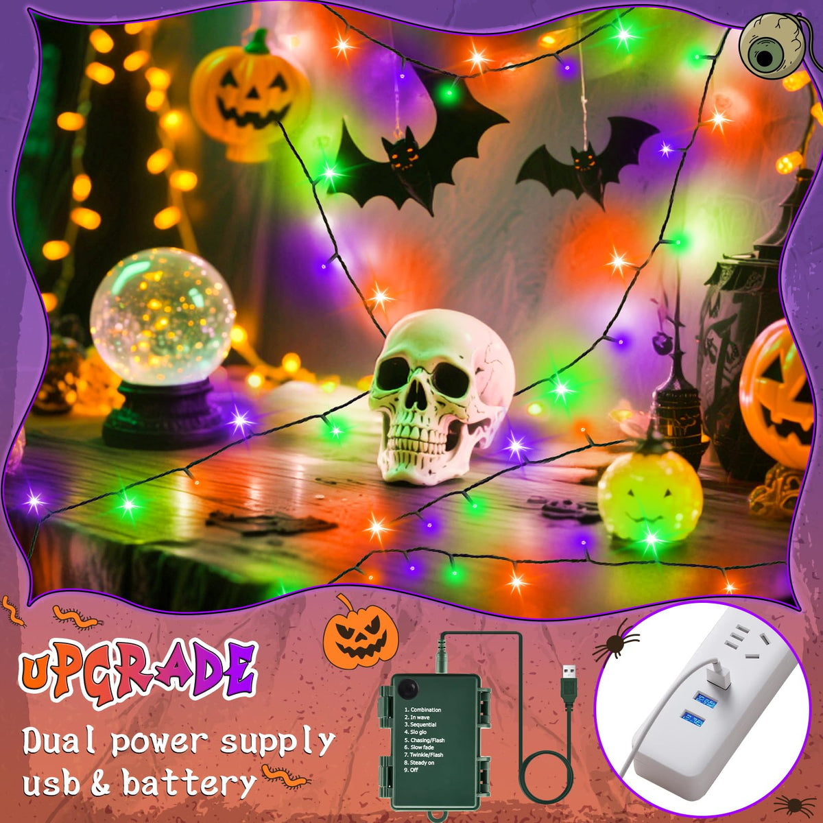 cshare Halloween Decorations Fairy Lights, 20Ft 60LED Orange-Purple USB/Battery String Lights with Timer Waterproof for Outdoor Indoor Autumn Fall Halloween Decorations-Green Wire