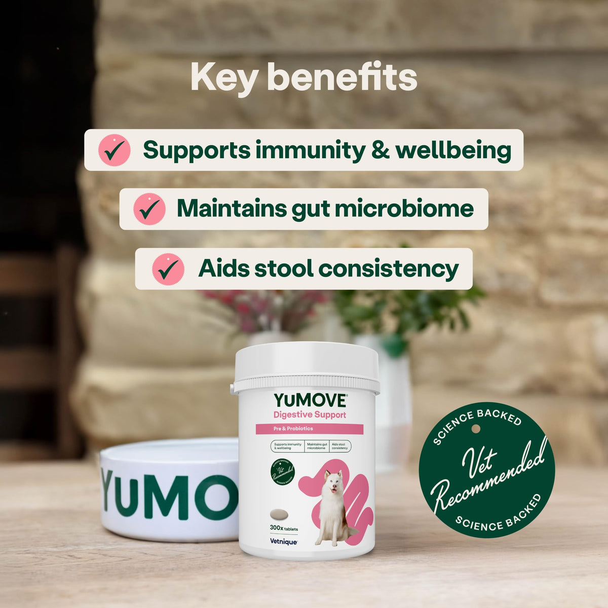 YuMOVE Digestive Care, Dog Pre and Probiotics Supplement for Gut Health, Digestive Support for All Ages and Breeds, 120 Tablets - Eco Friendly and Letter Box Ready Packaging