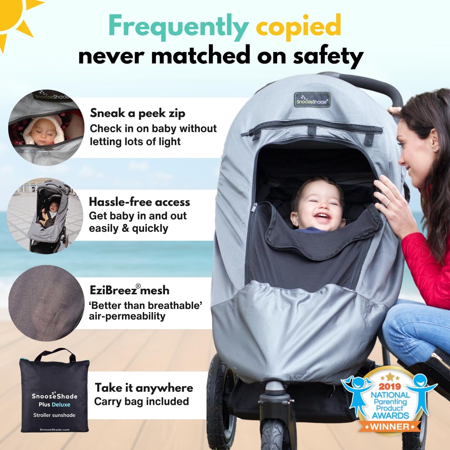 SnoozeShade Plus Extra Pram and Stroller Sun Shade Cover Blocks 99% UV UPF50+ Baby Sleep Aid and Breathable Blackout Canopy for Pushchairs Buggies and Travel Strollers