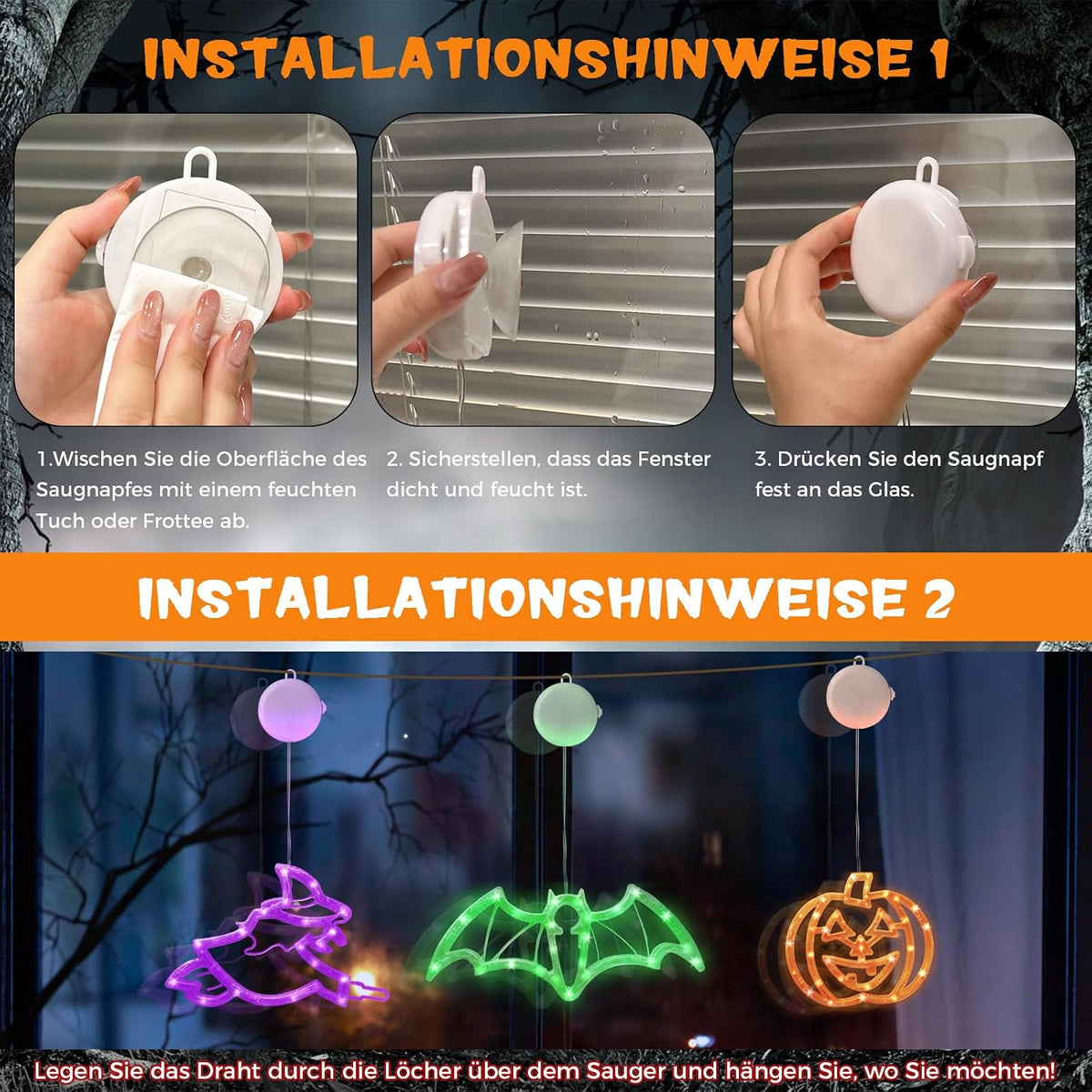 CNMTTCO Halloween Window Lights with Timer, Orange Pumpkins, Green Bat & Purple Witch LED Decorations, Battery Operated Indoor Window Lights with Suction Cups (Set of 3)