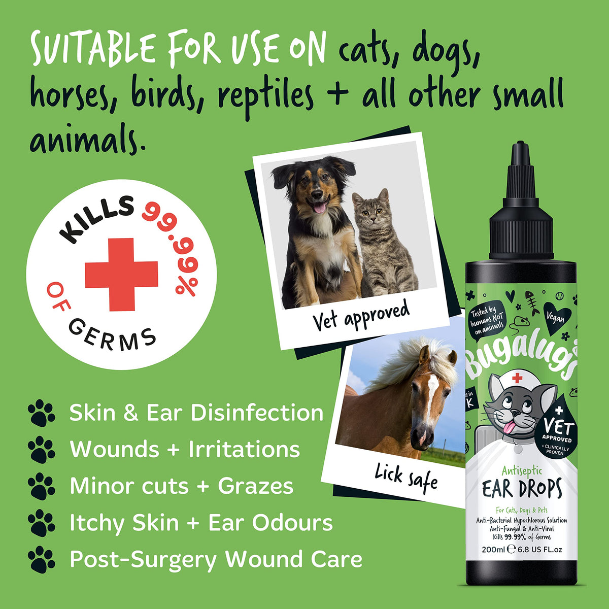 BUGALUGS Antiseptic Ear Drops 200ml – Ear Disinfection, Kills bacteria, Stops Odours, Scratching & Discomfort, Anti-fungal (Yeast), Veterinary-grade, for Dogs, Cats & all other animals