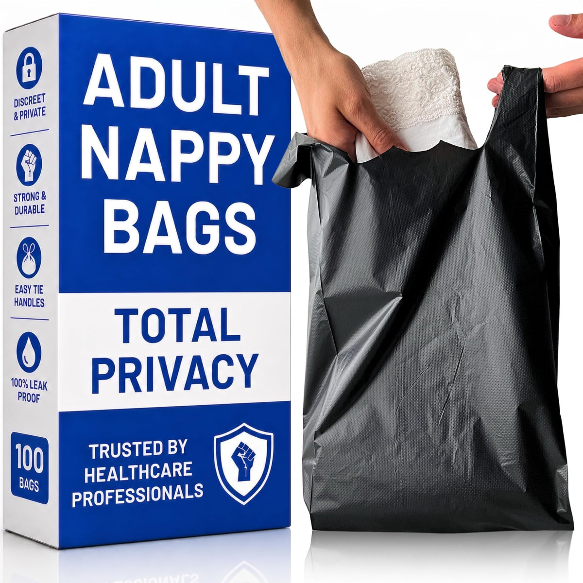 Adult Nappy Bags - 200 Pack, 20% Thicker Sacks, Easy Tie Handles, Odour Free, Discreet Black Plastic, Strong Sanitary Disposal Bag, Large Incontinence Pads
