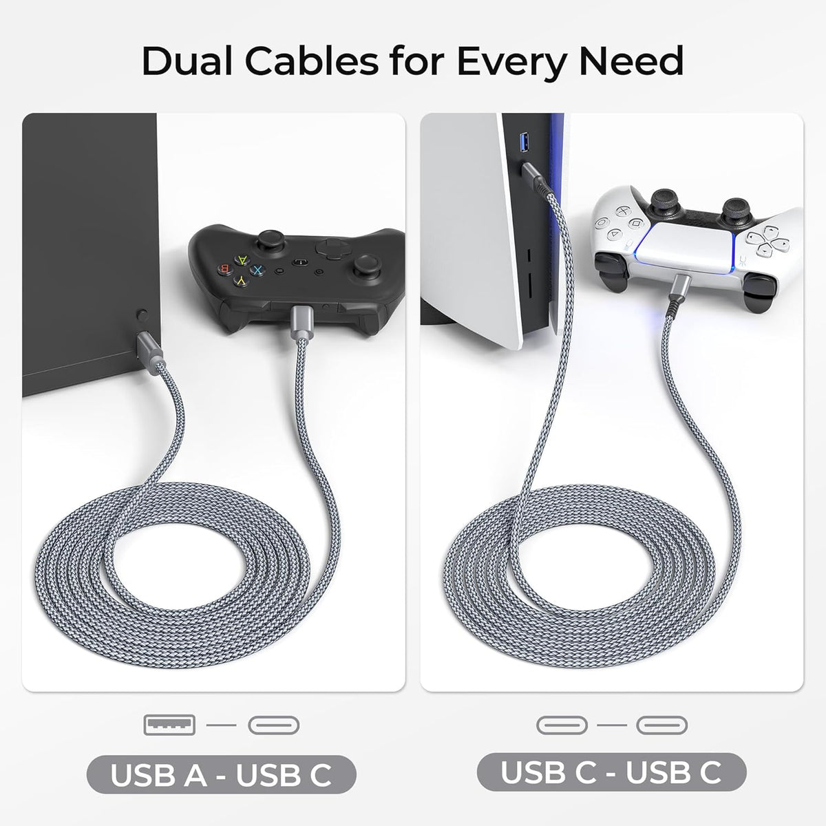 BASESAILOR Charger Cord for PS5/PS5 Pro Controller,Xbox Series X/S 2M 2Pack