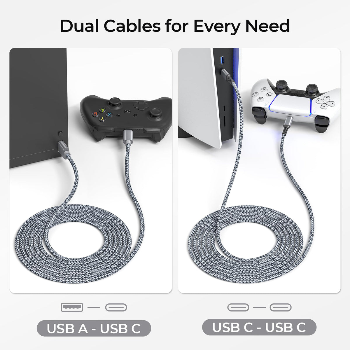 BASESAILOR Charger Cord for PS5/PS5 Pro Controller,Xbox Series X/S 2M 2Pack