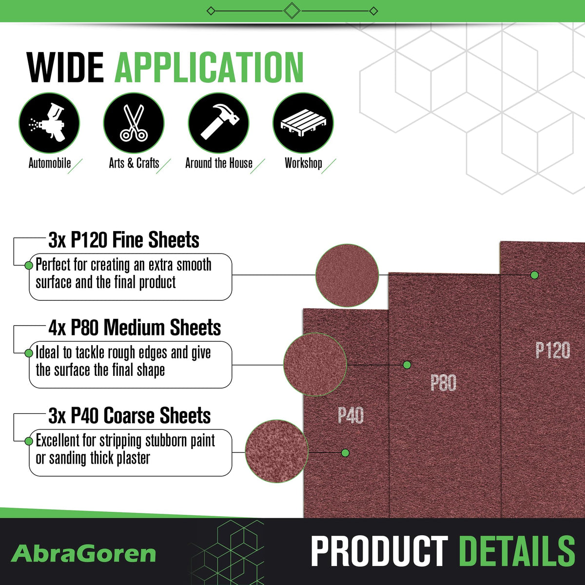 Pack of 10 Sand Paper Sheets - Mixed Grits, 3x Fine, 4x Medium, 3x Coarse - Assorted Sandpaper for Wood and Walls (Premium)