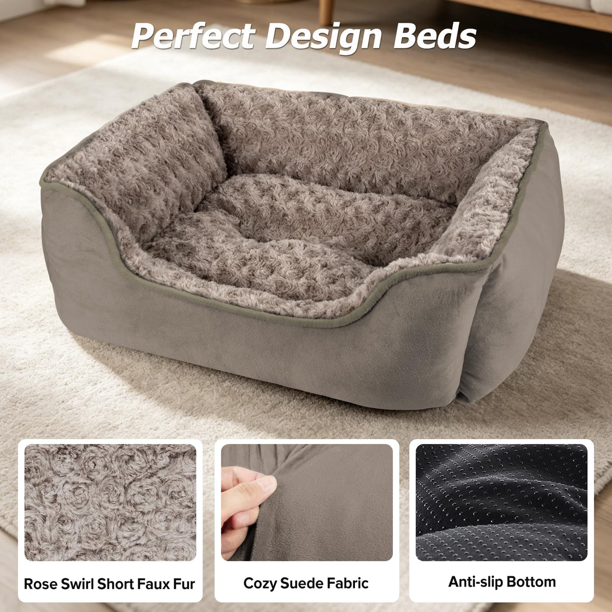 JOEJOY Dog Bed Medium - Washable Rectangle Dog Beds, Anti-Anxiety, Soft Plush Non-Slip Bottom Pet Bed - Small | Medium | Large Size Mattress Mat, Grey