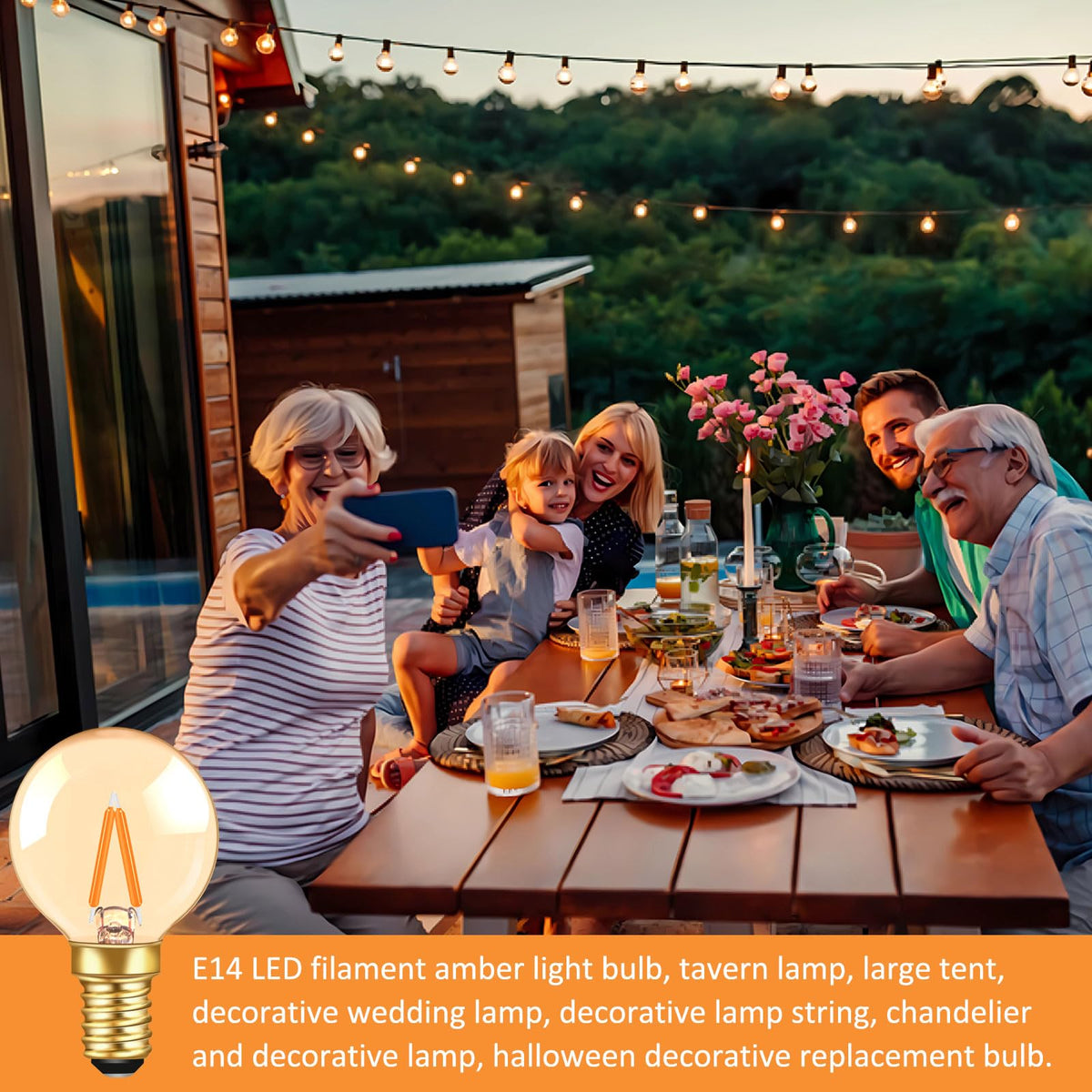 Caldarax 0.5W E14 LED Vintage Night Light Bulb, Mini C7 LED Filament Candle Bulbs Amber Warm White 2200K E14 Orange SES Small Edison Screw Salt Lamp Bulbs, 5W Equivalent, Non Dimmable, 2 Pack