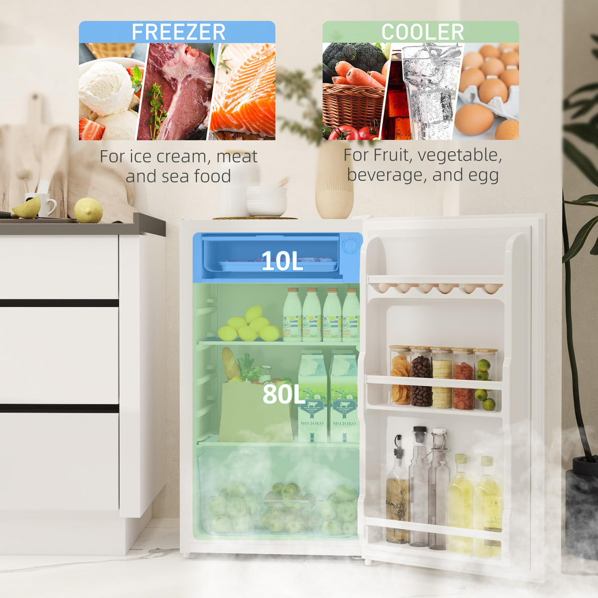 HOMCOM Under Counter Fridge 91L Small Fridge with Chiller Box Silver Tone