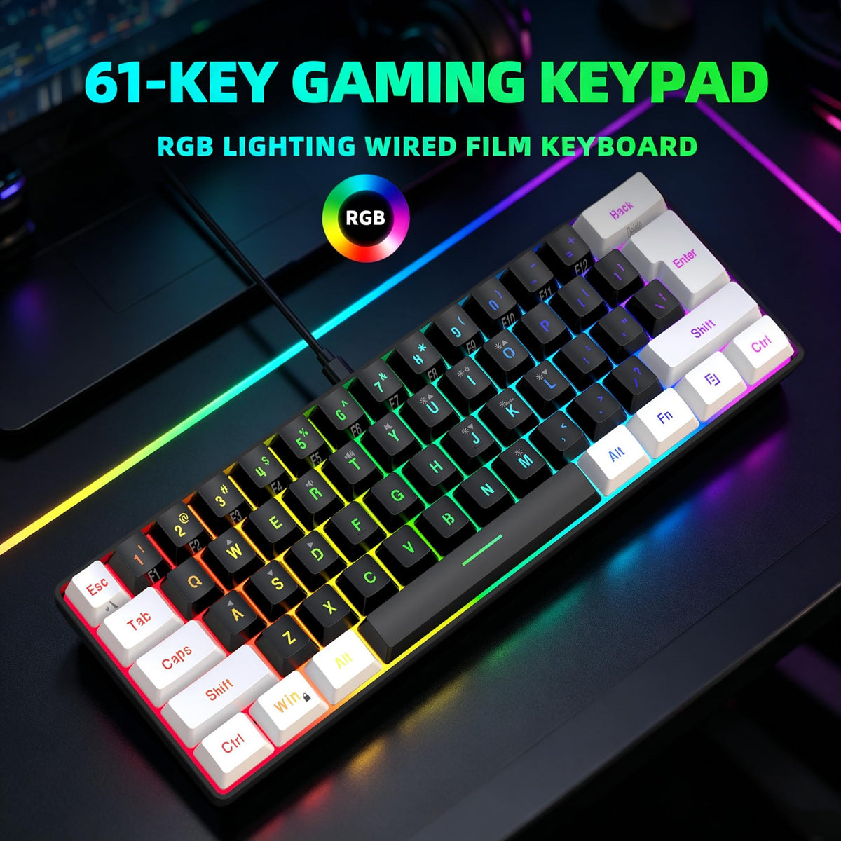 Snpurdiri Wired Mechanical Gaming Keyboard, 60% Size, LED Backlight, 61 Keys, Small Wired Office Keyboard for Windows Laptop/PC, Mac (Black-Red, Blue Switches)