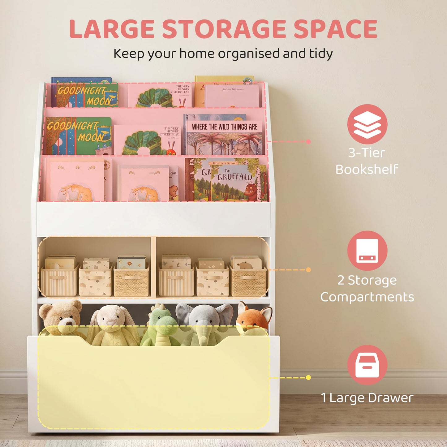 HOMCOM Kids Bookshelf with Moveable Drawer, Montessori-Inspired Children's Bookcase with Wheels, Toy Organiser for Bedroom, Playroom - White