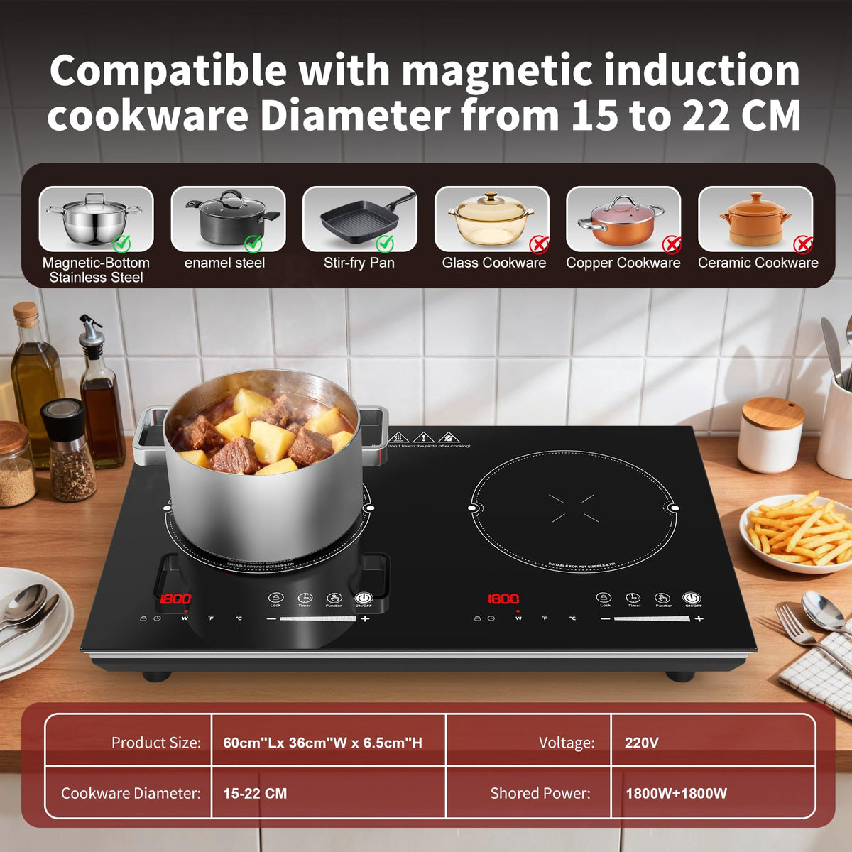 GIHETKUT single electric hob,220V 2000W Electric Hob with LED Touch Control,10 Power Levels, 4H Timer, Safety Lock,portable single burner hob Overheat protection