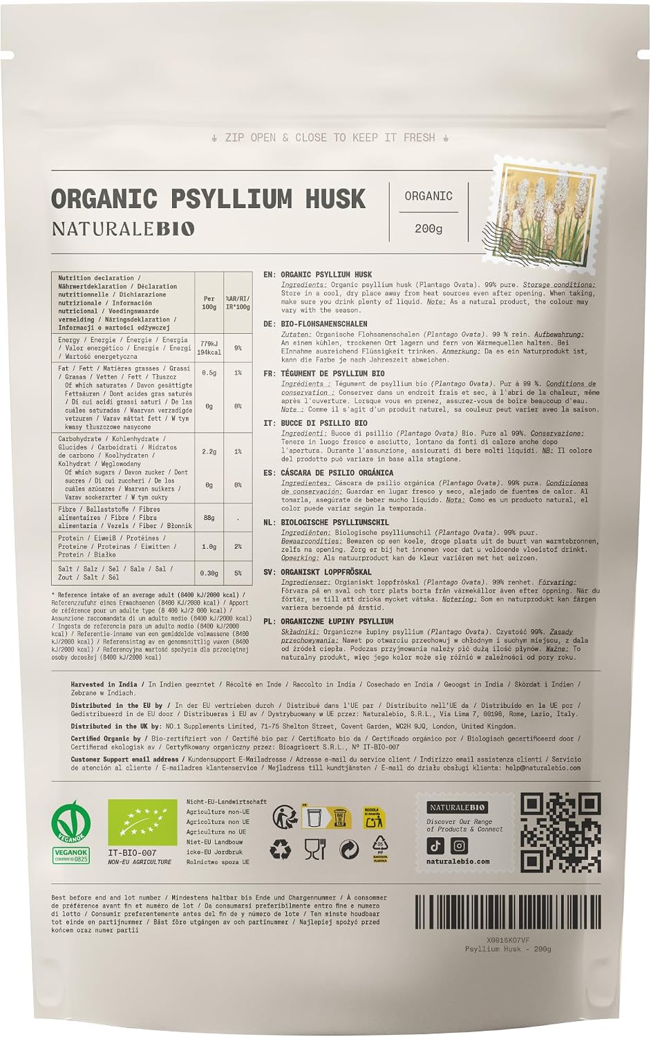 NaturaleBio Organic Psyllium Husk 99% Purity Lab-Tested Gluten-Free