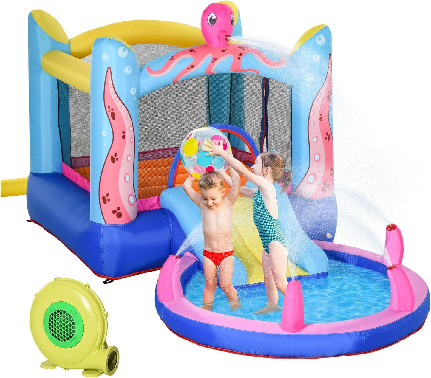 Outsunny 3-in-1 Octopus Inflatable Bouncy Castle with Water Slide, Pool & Sprayers — Ages 3-8