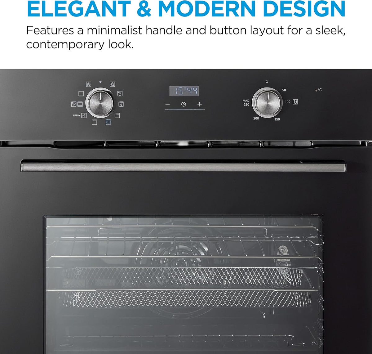 Midea 71L, 60cm Wide, Single Electric Built-in Fan Oven with Air Fry, 12 Oven Functions, Aqua Clean, LED Display, Convection, ECO, MultiLevel Cooking, Color Black - MBO65M90D2-BK