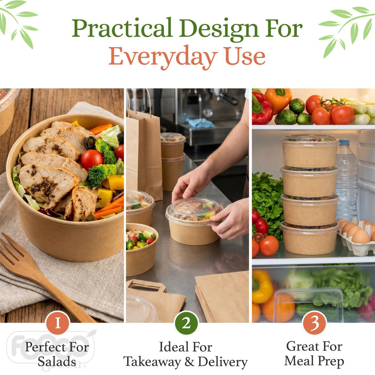 FOOGO Green 200Pcs 750ml 26oz Kraft Salad Bowls with Lids