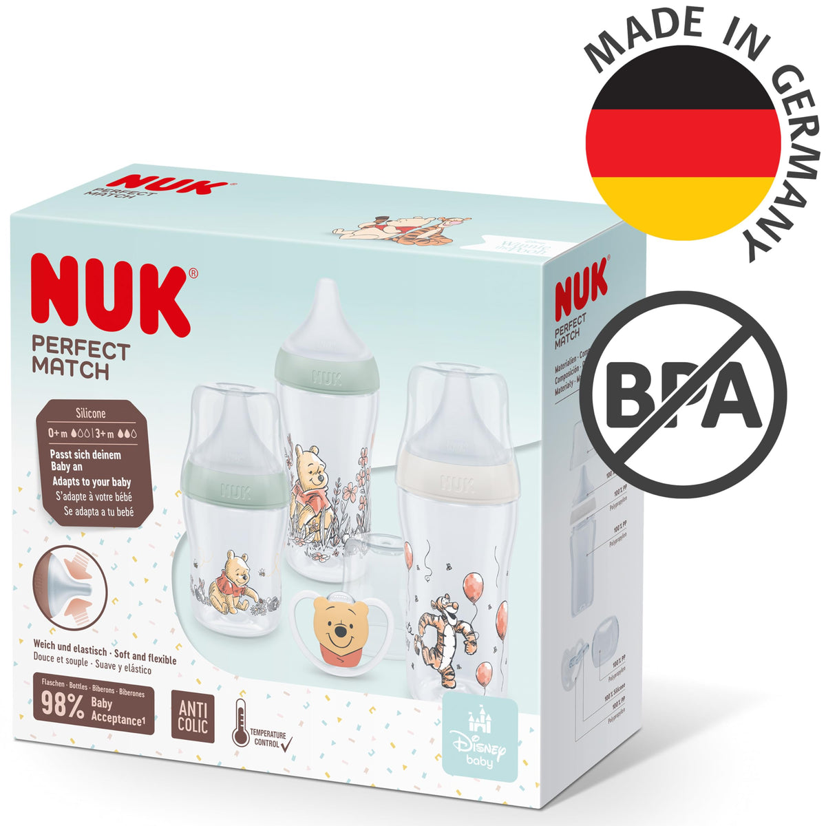 NUK Perfect Match Newborn Baby Bottle Set | 0+ Months | 150ml | Anti Colic Feeding Bottle | PP | Temperature Control Indicator | Rainbow | 4 Count