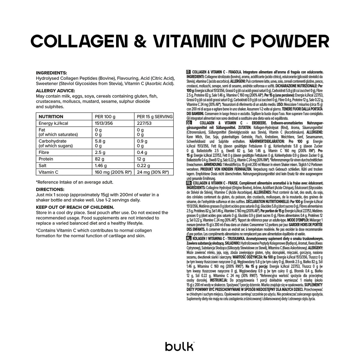 Bulk Collagen Powder with Peptides and Vitamin C, Unflavoured, 500g