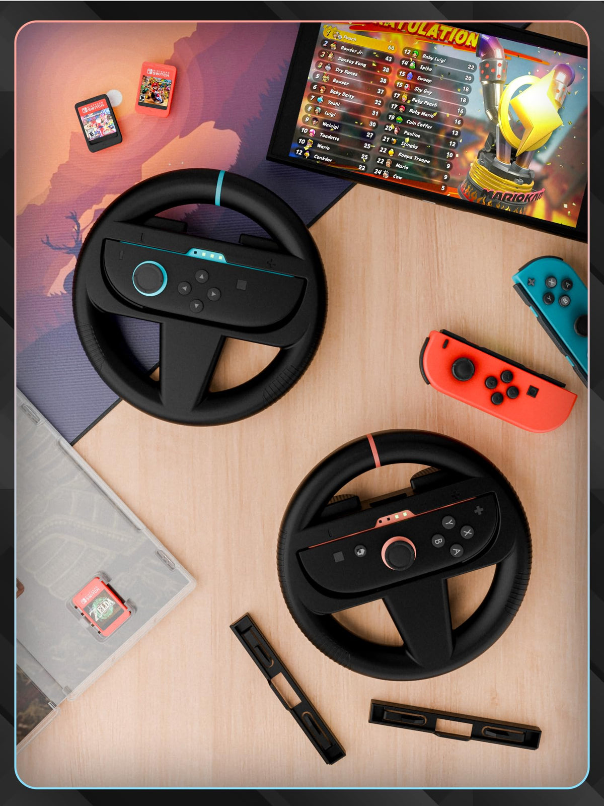 Orzly Racing Steering Wheels – Compatible with Switch 2 (2025 Console) – Party Pack of 4 Joy-Con Controller Attachments for Racing Games (2 Black, 1 Blue, 1 Red)
