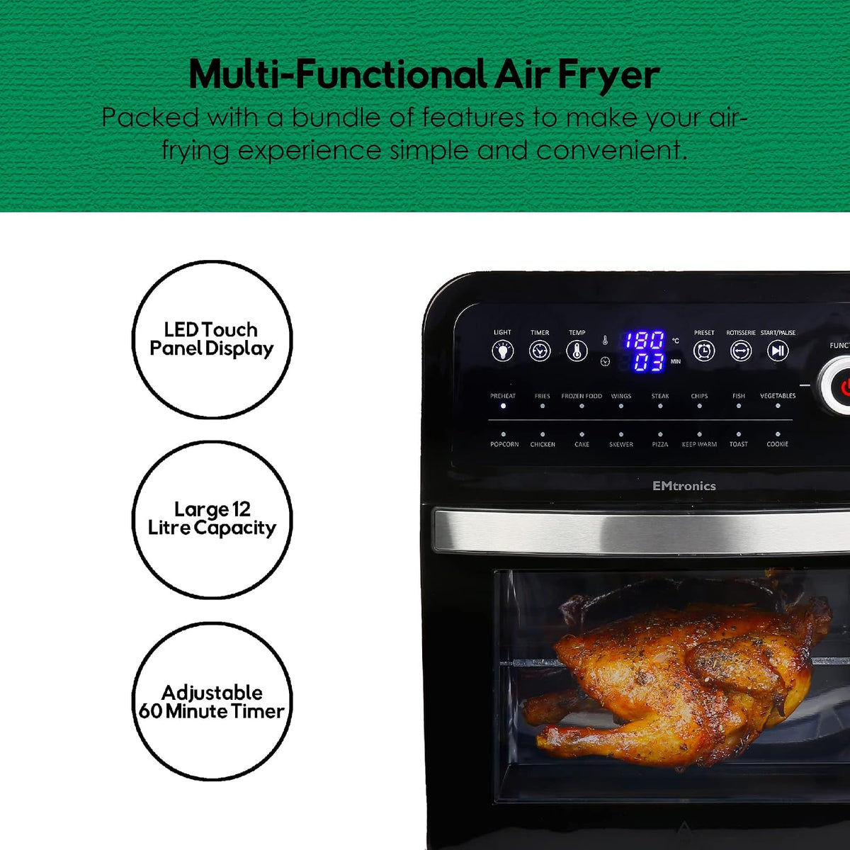 EMtronics Retro Air Fryer Oven Combi, Rotisserie and Grill, Large Family Size 12L with 16 Pre-Set Menus for Oil Free Cooking – Black