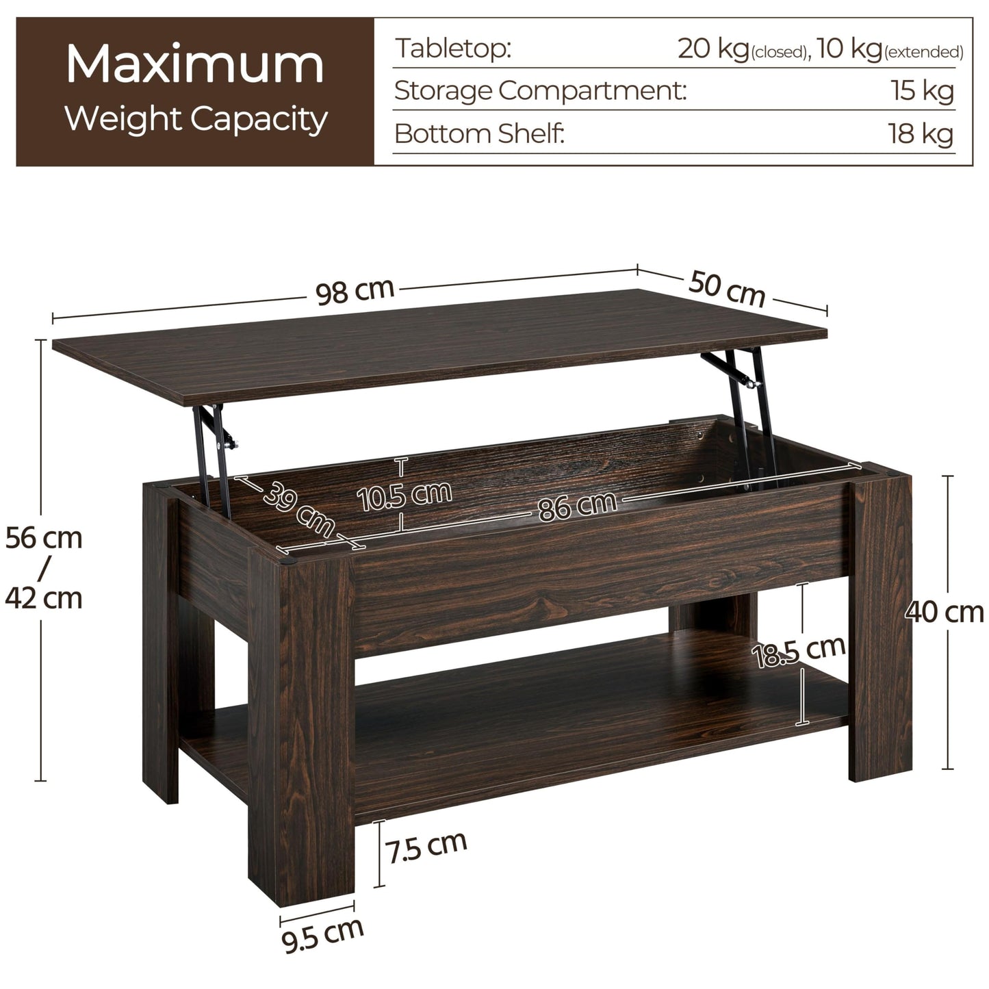 Yaheetech Lift Up Coffee Table, Wooden Lifting Coffee Table with Hidden Storage Drawer and Open Shelf, Space-saving Tea Tables for Living Room/Reception, Espresso