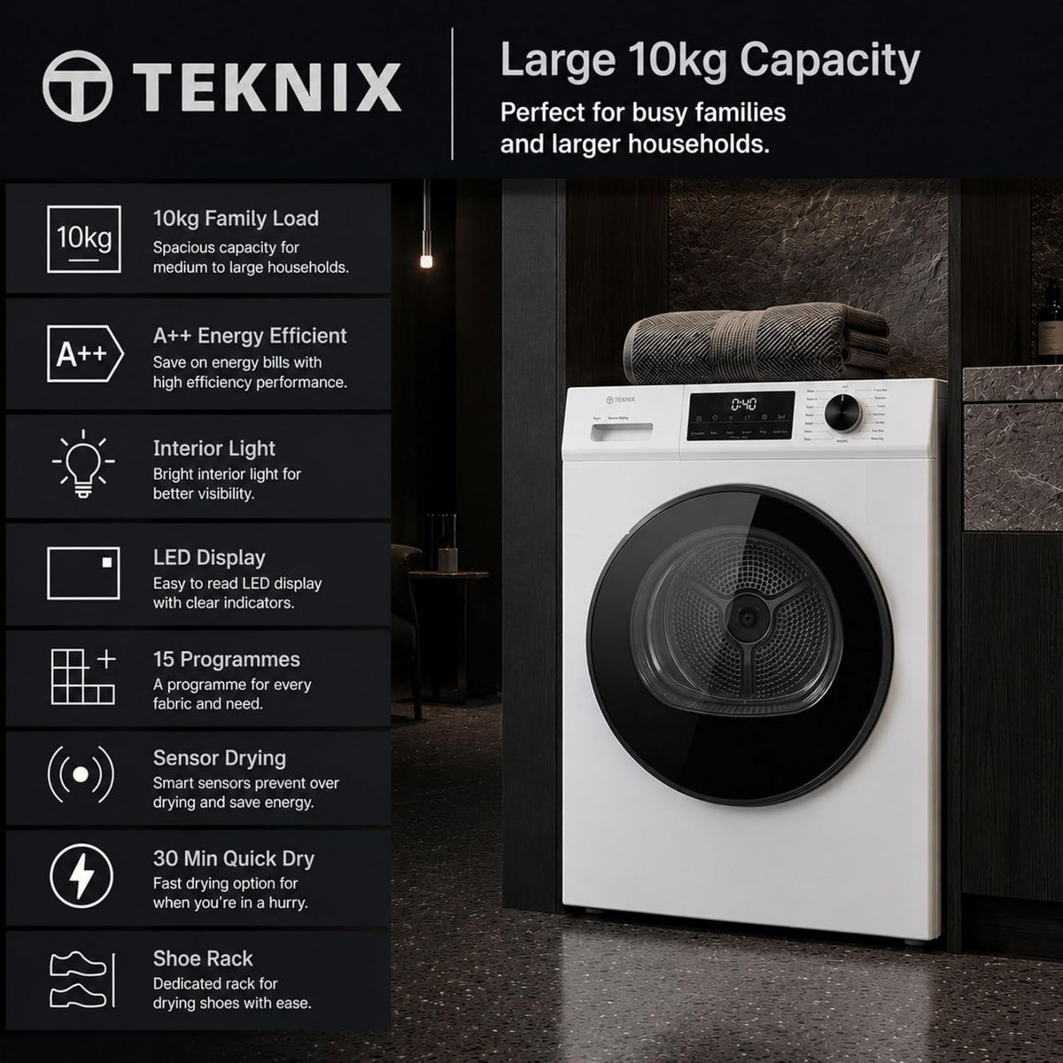 Teknix TK3HP10XW 60cm Freestanding 10kg Heatpump Front Load Tumble Dryer - Quick Dry Function - 3 Year Cover - Suitable for Garages - Allergy Care - Shoe Drying Rack - White - A++ Rated