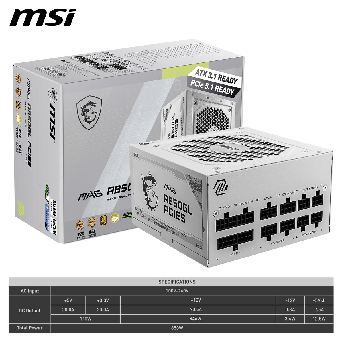 MSI MAG A750GL PCIE5 Power Supply Unit, 750W, 80 Plus Gold, Fully Modular, ATX 3.0, PCIe 5.0 GPU Support, 120mm FDB Fan, Full-Bridge LLC, Flat Black Cables - 7 Year Warranty
